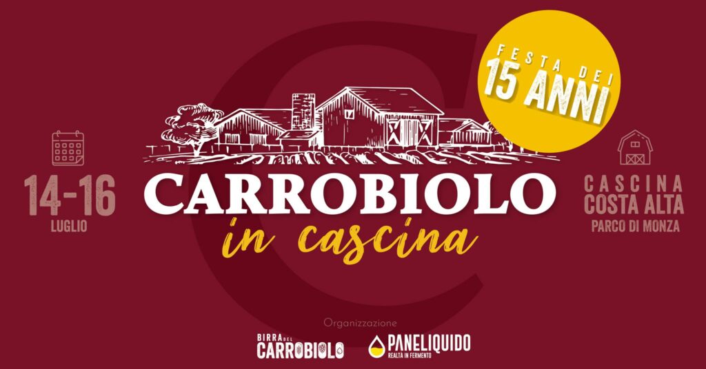 Illustrazione evento "carrobiolo in cascina" organizzato in Cascina Costa Alta nel parco di Monza per i 15 anni di attività dell'azienda Carrobiolo.