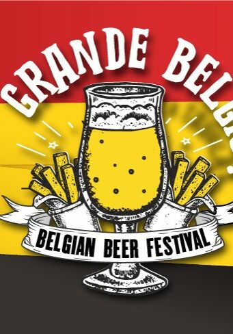 Logo dell'evento Grande Belgio - Belgian Beer Festival - Cascina Costa Alta. Lo sfondo riprende i colori e i motivi della bandiera del Belgio. In primo piano l'illustrazione di una birra con le scritte "Grande Belgio!" e "Belgian Beer Festival", ai lati dell'illustrazione scritte in nero le informazioni dell'evento.